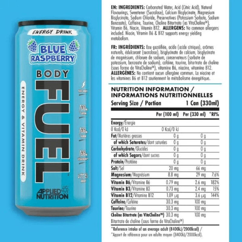 Body Fuel Energy Drink Applied Nutrition 330 Ml (Sin Azúcar) - Blue Raspberry — foto 2