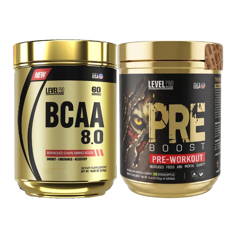 BCAA 8.0 Level Pro 540g (60 Serv.) - Citrus Punch + Pre Entreno Pre Boost Level Pro 352g (44 Serv.) - Green Apple