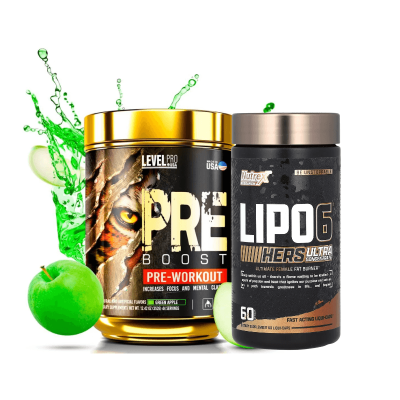 Pre Entreno Pre Boost Level Pro (44 Serv.) + Lipo 6 Black o Lipo 6 Hers (60 Serv.)